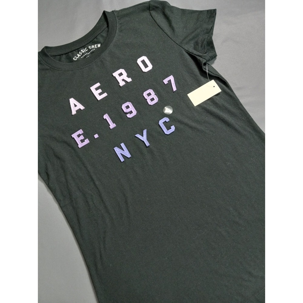 NWT Aeropostale Womens Black Aero 1987 NYC Graphic Classic Crew T-Shirt Size L